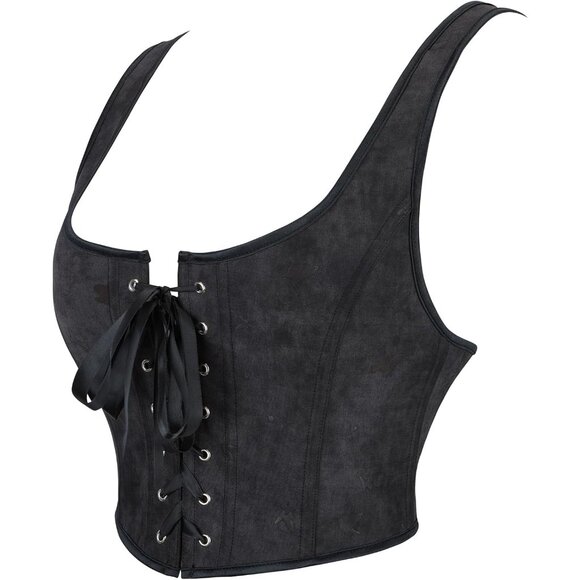 Women Black Renaissance Lace Up Tank Bustier Corset Top Vintage Square Neck - Picture 8 of 8